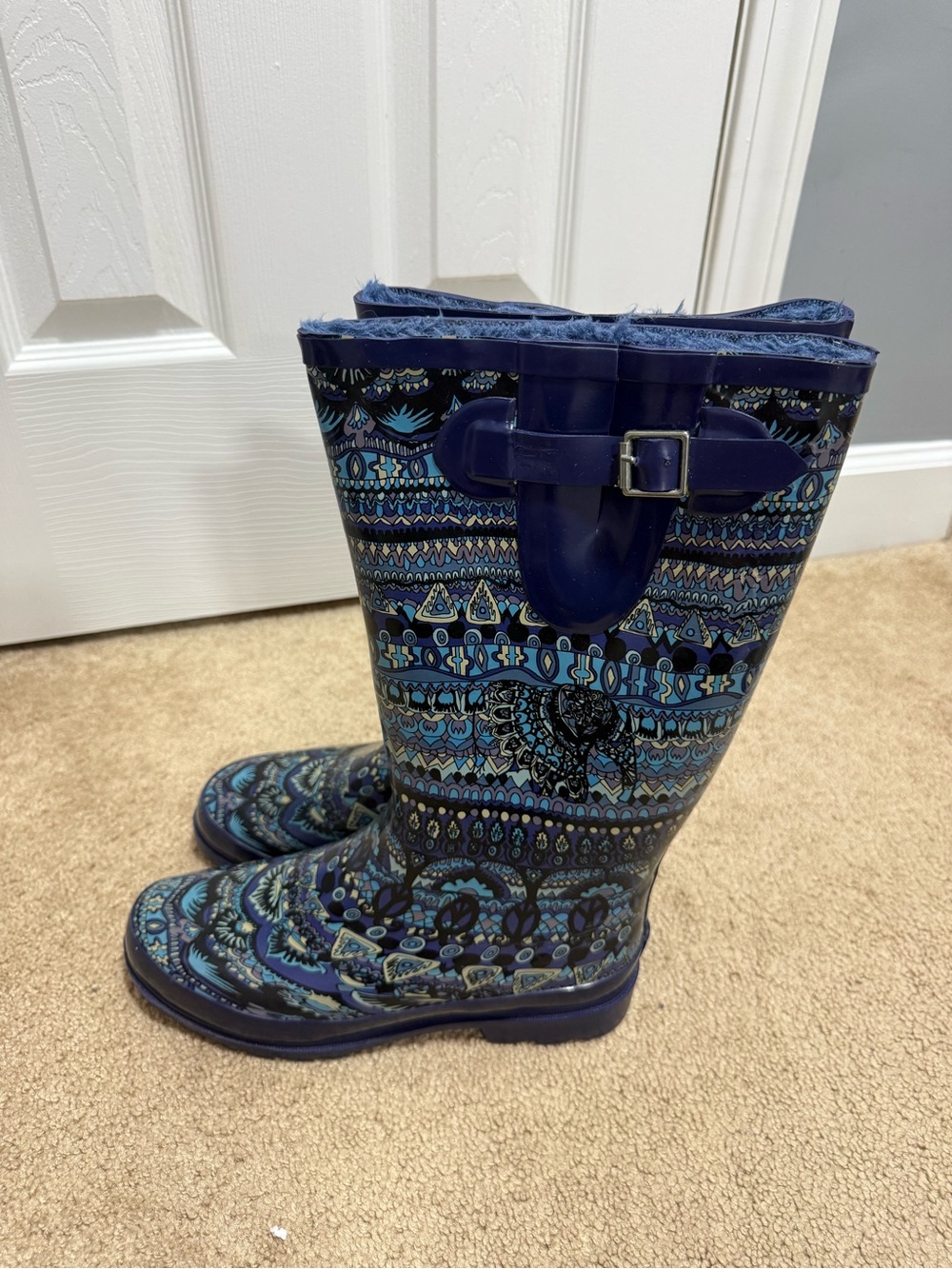 The Sak Blue Patterned Rain Boots with Buckle Accent